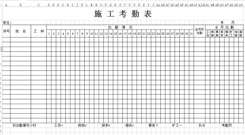 建筑施工考勤表下载_建筑施工考勤表格式_模板